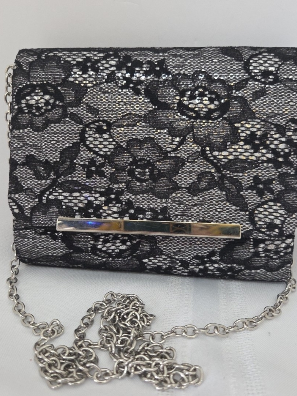 Gunne Sax By Jessica Clintock Black Lace Clutch with Silver Chain Accent
